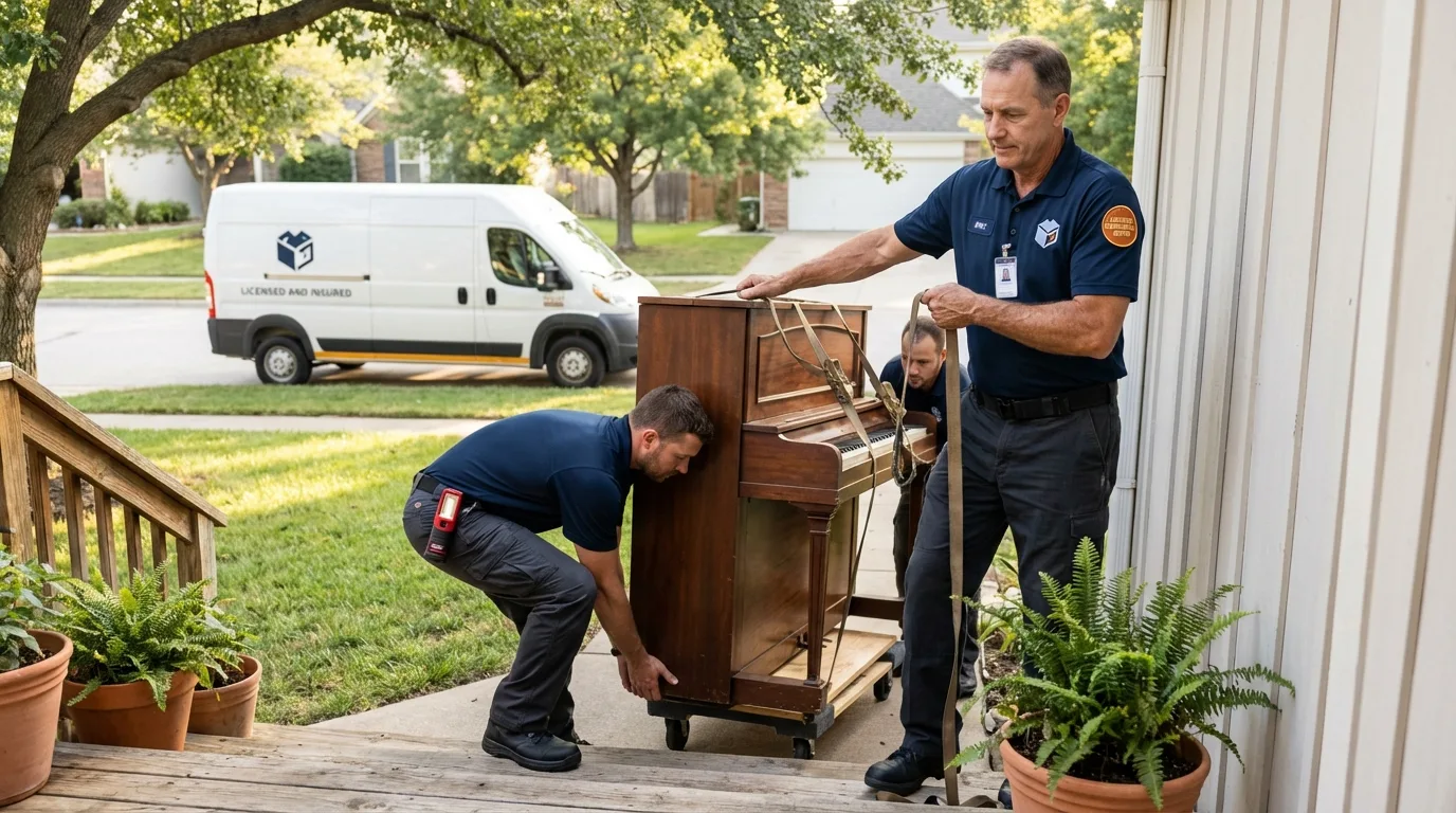 Licensed piano movers securing grand piano in Navarre, OH
