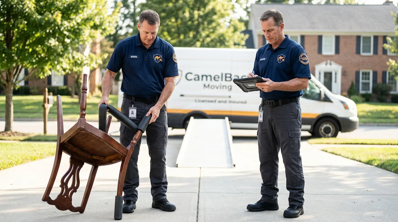 Movers inspecting furniture for damage prevention before loading in Navarre, OH