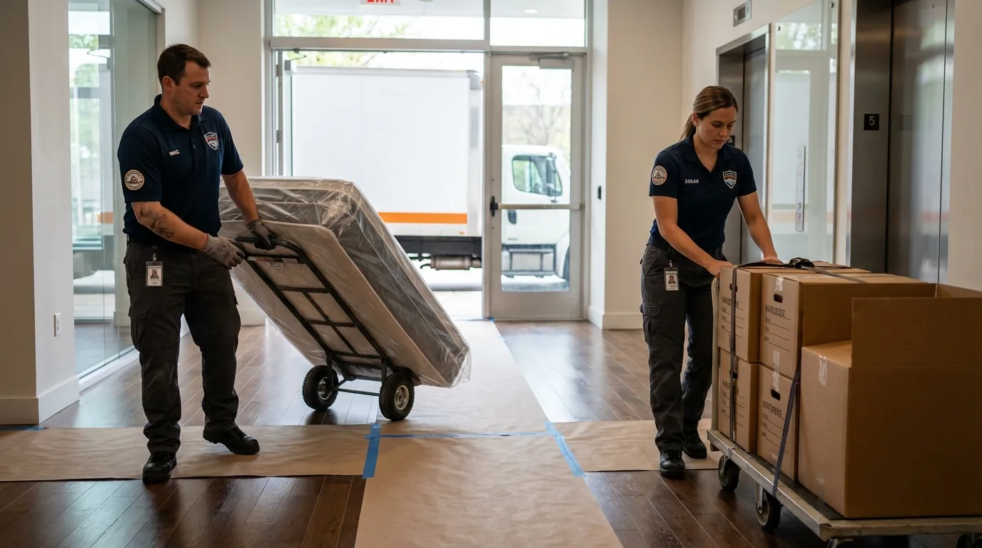 Professional apartment movers loading elevator in Navarre, OH