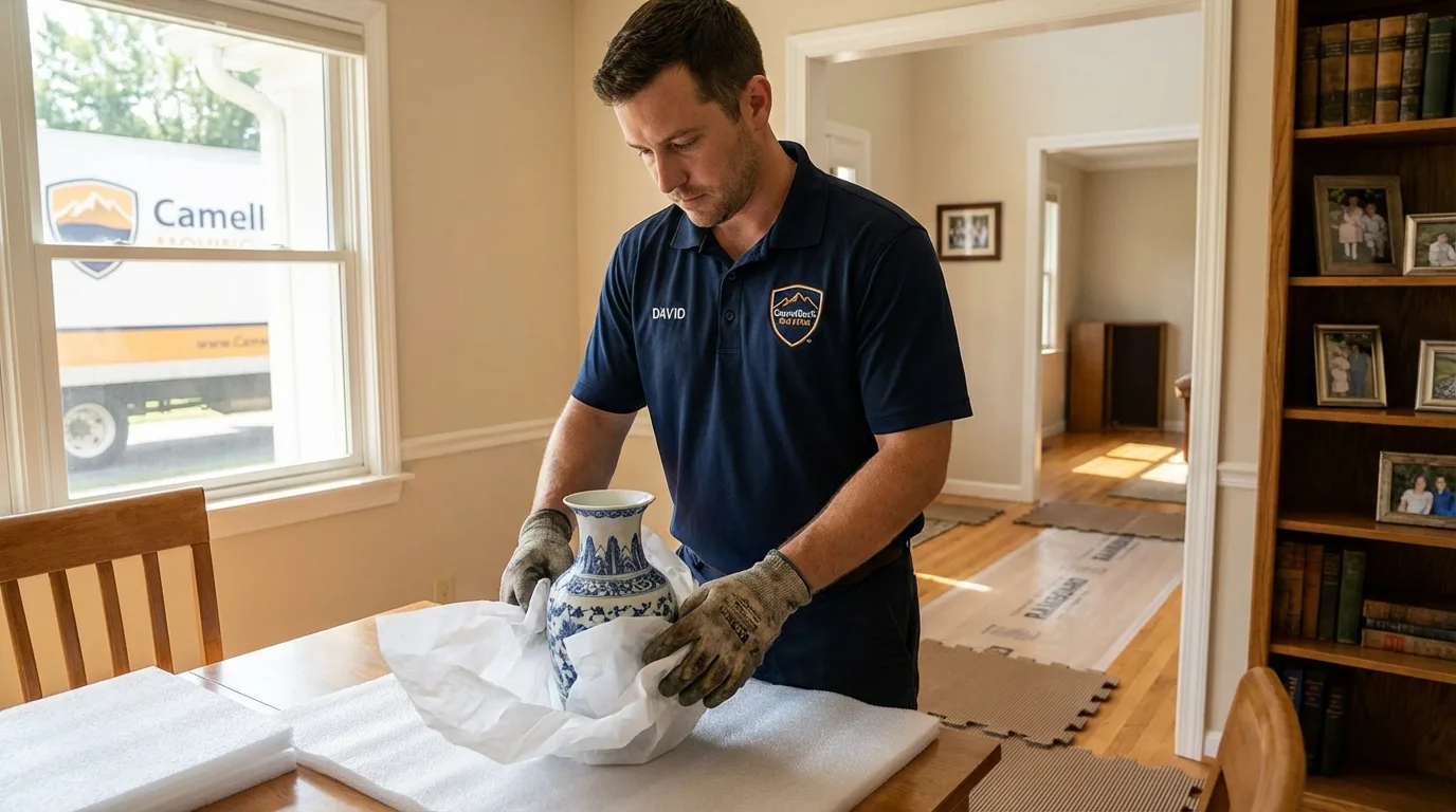 Professional crew carefully wrapping antique vase for senior downsizing move in Navarre, OH